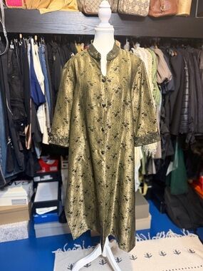 Vintage Metallic Olive Green Brocade Button-Front Coat